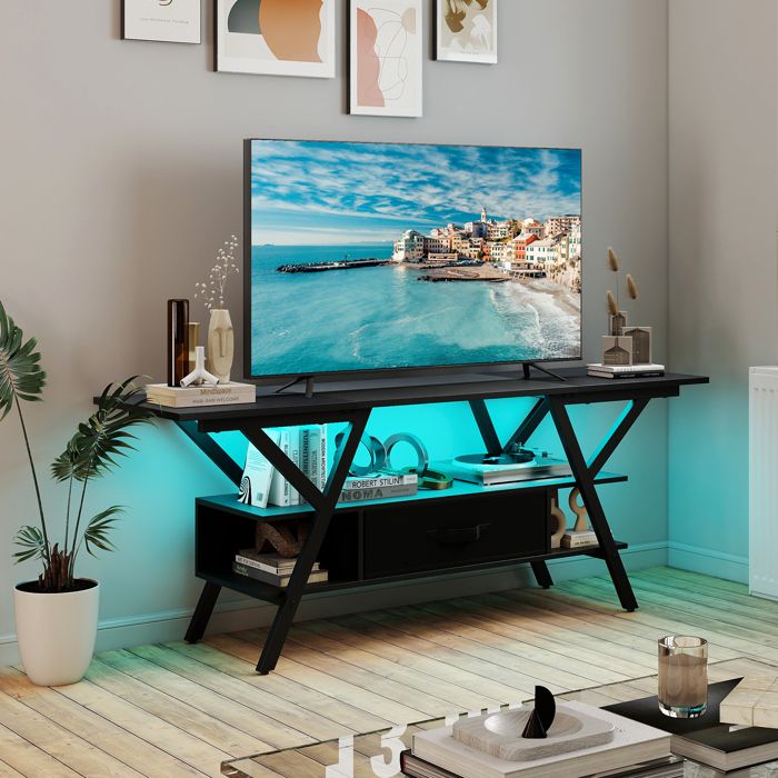GIANTEX Meuble TV 140 cm- Lumières LED Réglables- Tiroir en Tissu Amovible- Station de Charge- pour TV Jusquà 65 Pouces- Noir