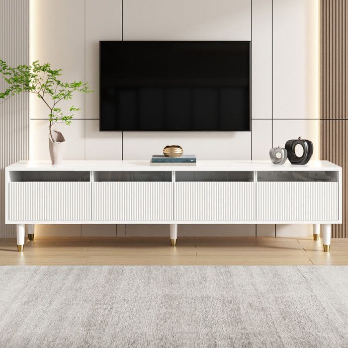 Meuble TV blanc moderne 178 cm Design minimaliste grand espace de rangement 4 tiroirs MDF et acrylique idéal pour le salon