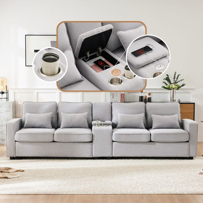 Canapé 4 places - LEMONBEST - 290 cm - Lin gris clair - Angle droit - 2 USB & 2 porte-gobelets