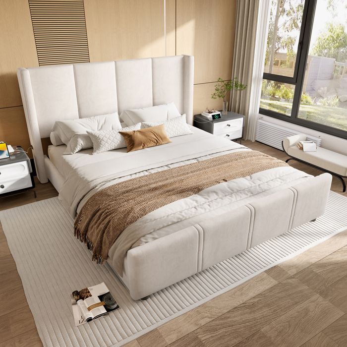 Lit double rembourré 140x190 cm velours beige avec sommier à lattes tête haute et 2 ports USB/Type-C