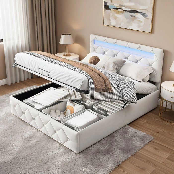 Lit Complet Double Lit Coffre 140x190 Sommier Relevable avec Rangement LED Tête de lit Réglable Style Moderne Velours Beige