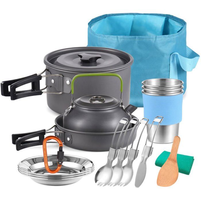 Multi-PCS Kit de Casseroles Camping Cookware Kit en Alliage dAlu Légère Durable et Compact avec Réchaud de Camping Bouilloire