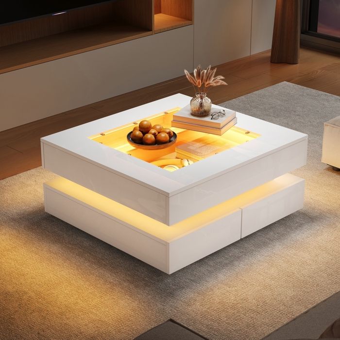 Table basse avec plateau en verre - géométrique avec lumières LED - 3 tiroirs -table de salon haute brillance -Dappoint - blanc