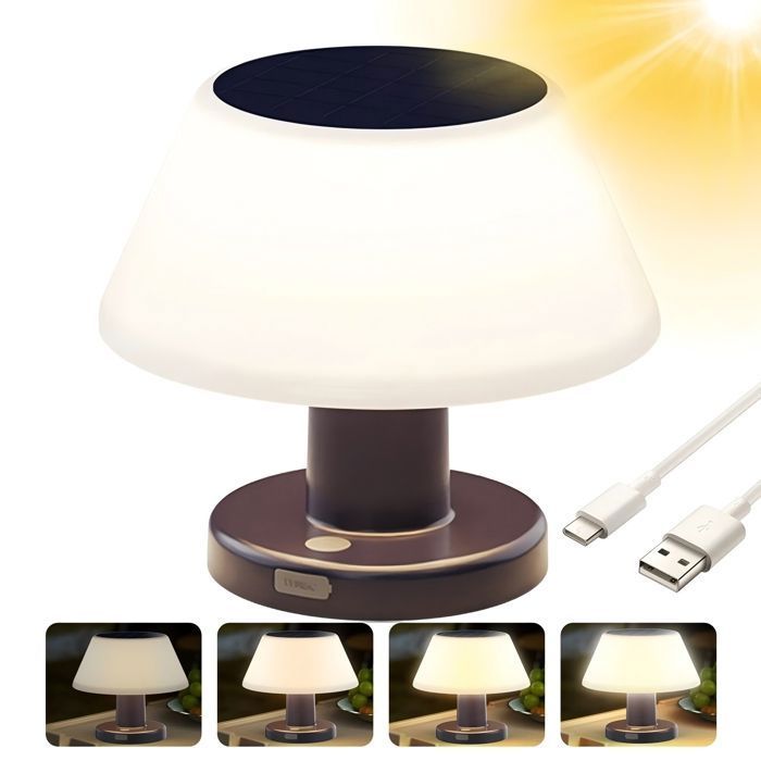 Lampe de table solaire Rechargeable par USB lumière chaude 4 niveaux de luminosité Étanchéité IP54 pour terrasse extérieure