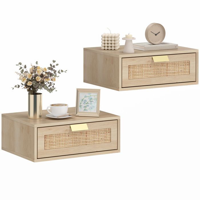 Lot de 2 tables de chevet murales - HOMCOM - tiroir en effet rotin - style bohème - 40 x 30 x 15 cm - chêne Lot de 2 tables de chevet murales - HOMCOM - tiroir en effet rotin - style bohème - 40 x 30 x 15 cm - chêne