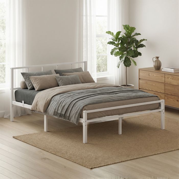 Structure de lit Double Métal 140 x 190 cm Sommier Robuste avec Tête de Lit Montage Rapide Chambre Blanc Structure de lit Double Métal 140 x 190 cm Sommier Robuste avec Tête de Lit Montage Rapide Chambre Blanc