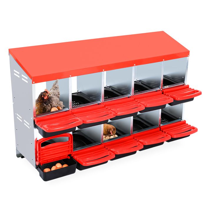 Pondoir Poules Pondeuses 10 Compartiments Poulailler en Métal Bac de Récupération Ponte Collecte des Œufs Rouge