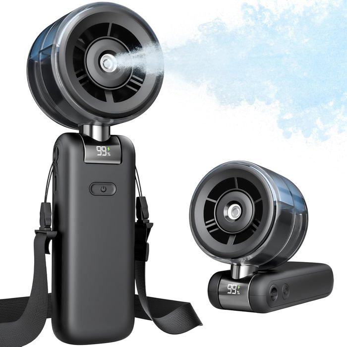Ventilateur brumisateur portable - BELLE COMMODE - Turbo Extrême avec Brume - Batterie 4000 mAh - 5 vitesses - Pliable 165°