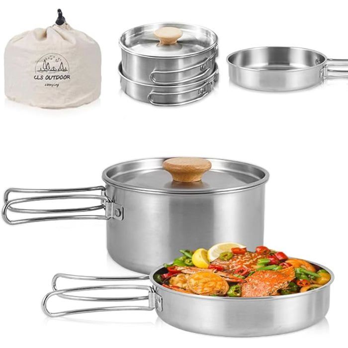 Kit de Casseroles Camping Portable Camping avec Poignée Pliable Batterie Cuisine de Camping en Acier Inoxydable Set POPOTE