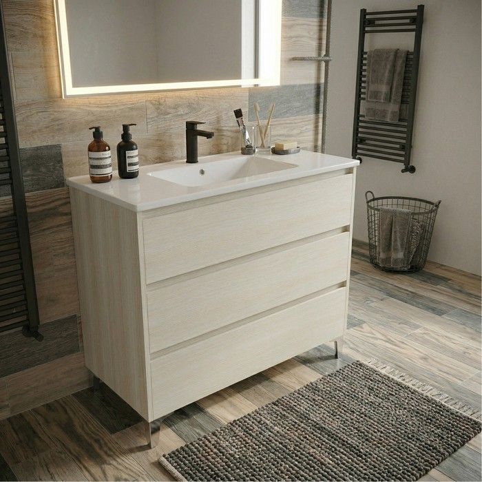 Meuble vasque L.100cm sur pied 3 tiroirs Chêne blanchi LISBONA - sans colonne