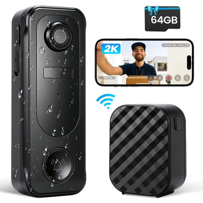 Sonnette Sans Fil avec Caméra 2K– Carte 64Go Offerte – IP65 Étanche Détection PIR Humaine Vision Nuit Audio Bidirectionnel