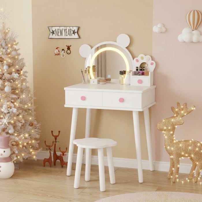 Coiffeuse enfant - LUNSY - Miroir en forme dours - Tabouret fleuri - Lumières LED tactiles 3 couleurs