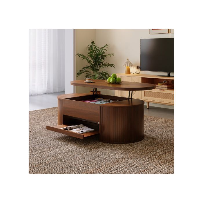 Table basse relevable avec côtés en bois incurvés étagère extensible plateau relevable meuble de salon multifonctionnel