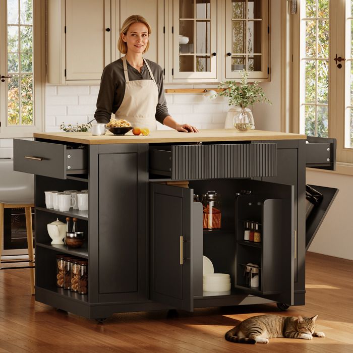Cuisine île mobile 120x50x92 cm avec 2 portes 3 tiroirs et espace poubelle sans poubelle intégrée