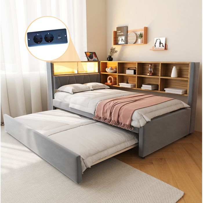 Lit combiné 2 places 90 × 200 cm et 90 × 190 cm avec LED USB Type-C et rangements sans matelas - UVRION