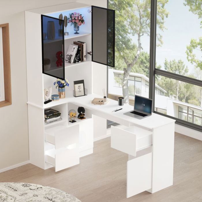 Bureau dangle avec vitrine LED intégrée dimensions 120×80×180 cm 3 tiroirs 2 portes adapté salon et bibliothèque