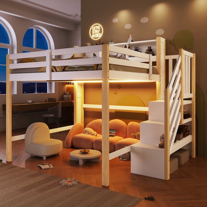 Lit mezzanine enfant 140x200 cm avec éclairage LED escalier de rangement étagères garde-corps - pin et MDF - blanc et naturel