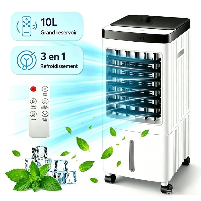 Climatiseur Mobile 10L 65W - Refroidisseur dair 3 en 1 - 3 Modes/Vitesses - Minuteur 1-7H - Oscillation à 120° - Affichage LED