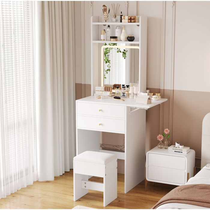 Coiffeuse blanche avec miroir LED réglable tabouret inclus 2 tiroirs 2 niches et plateau rabattable 75 x 45 x 156 cm