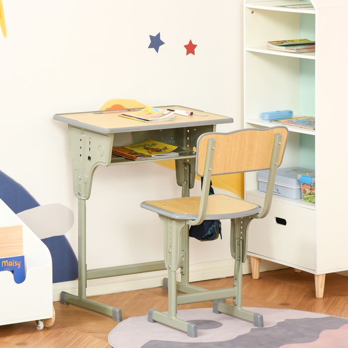Ensemble bureau et chaise enfant dès 6 ans hauteur réglable naturel avec tiroir et crochet