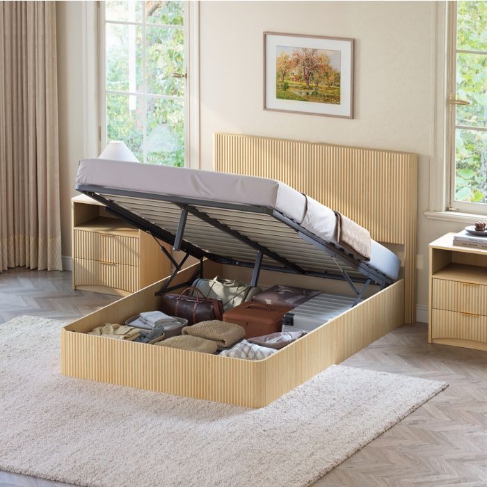 Modenuit Lit coffre 140 x 200 cm avec système hydraulique rangement cadre en acier et finition chêne clair