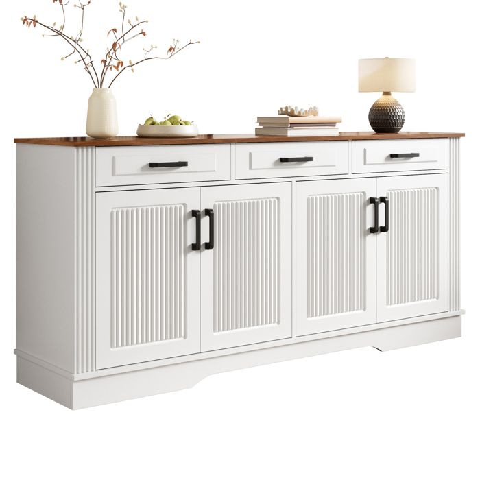 Buffet bas blanc 160 x 40 x 75 cm sideboard avec 3 tiroirs 4 portes poignées noires et étagères fixes