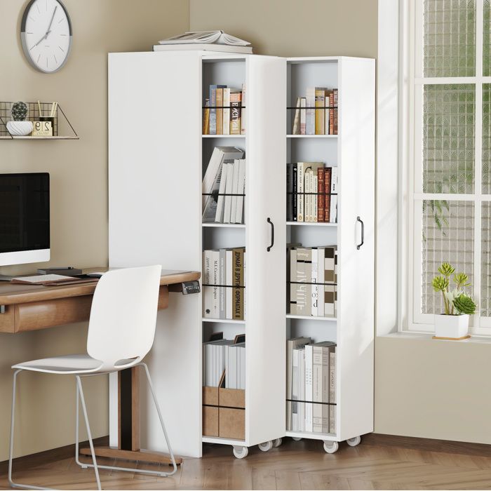 MEULVA Bibliothèque extensible sur roulettes 515 x 41 x 158 cm 2 modules en MDF blanc 8 étagères