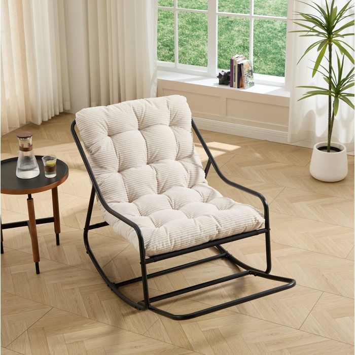 ROVRYN Fauteuil à bascule 75 x 116 x 82 cm coussin épais acier noir et blanc intérieur extérieur
