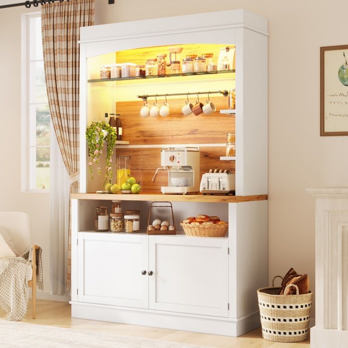 Buffet de cuisine 107x34x184 cm armoire haute avec LED et étagère en verre barre de suspension charge jusquà 60 kg blanc