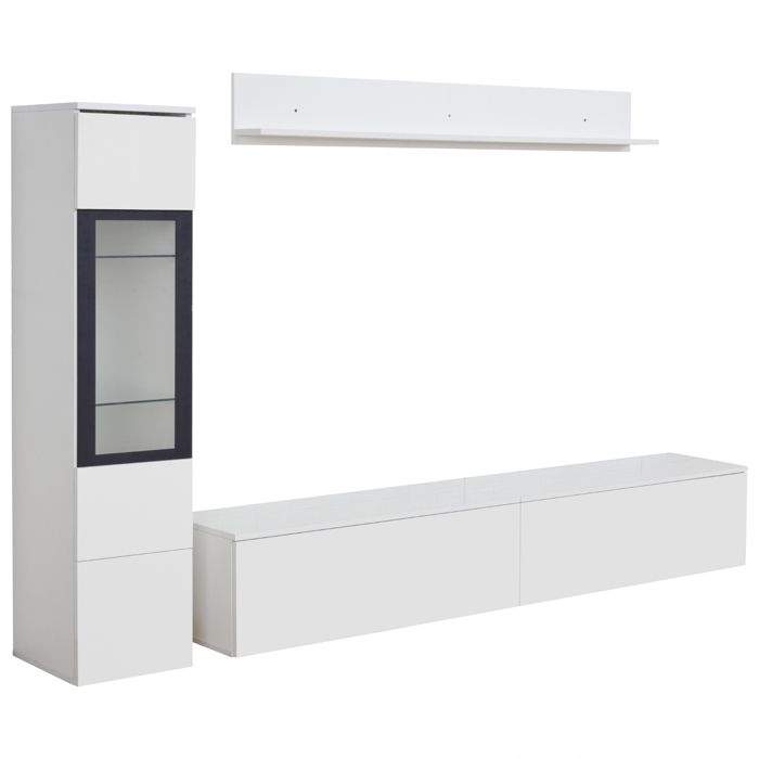 Ensemble de meubles de salon : 1 meuble TV 1 vitrine 1 étagère murale avec éclairage LED blanc brillant Ensemble de meubles de salon : 1 meuble TV 1 vitrine 1 étagère murale avec éclairage LED blanc brillant