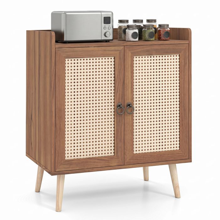 COSTWAY Buffet Cuisine - 2 Portes Bohème Étagère Réglable Pieds en Pin Dispositif Anti-basculement pour Cuisine Salon Marron COSTWAY Buffet Cuisine - 2 Portes Bohème Étagère Réglable Pieds en Pin Dispositif Anti-basculement pour Cuisine Salon Marron
