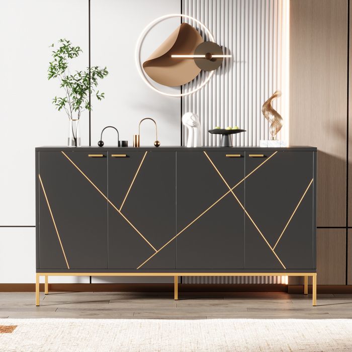 Buffet 4 portes - Noir et or - Dimensions: H 80 cm / L 150 cm / P 40 cm - Pieds métalliques réglables