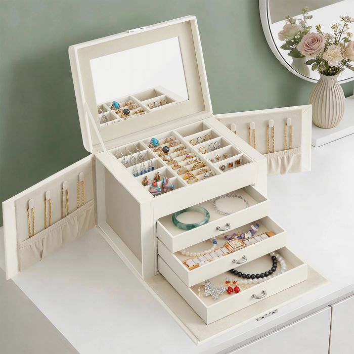 Boîte à Bijoux de Voyage Verrouillable avec Miroir à 4