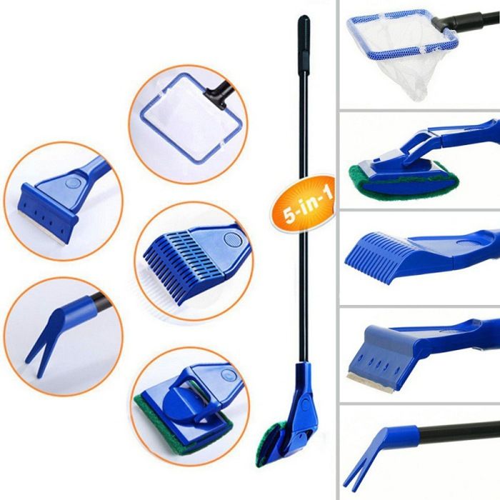 Kit de nettoyage daquarium 5 en 1 – Épuisette râteau à gravier et brosse éponge