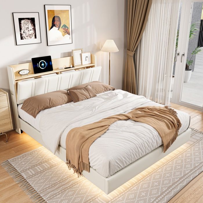 Lit Double 140x200 cm Lit adulte avec LED et USB Cadre de lit à Effet Flottant Tête de lit avec Rangement Caché PU Blanc
