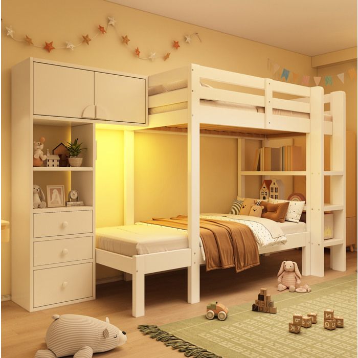 Lit superposé décalé 90 x 200 cm avec rangement intégré LED de nuit blanc