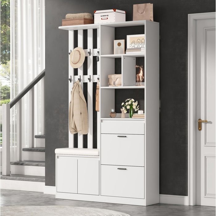 COVREO vestiaire dentrée 120 x 30 x 200 cm avec banc rembourré 2 abattants à chaussures 1 tiroir 2 portes MDF blanc