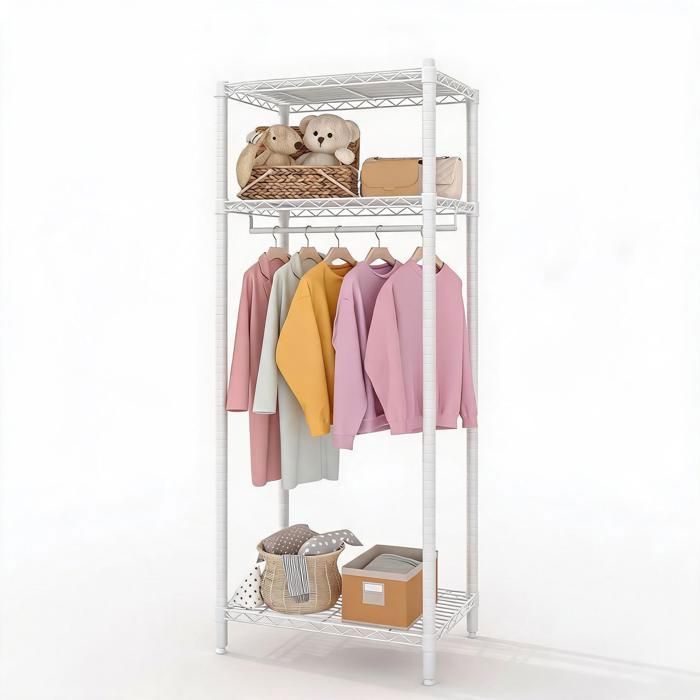 Portant vêtements métal robuste 310kg – Compact 3 étagères + 1 barre – Blanc – Idéal chambre petit espace