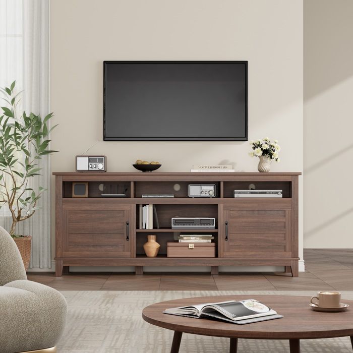 Meuble TV Rustique 180 cm  Banc TV Marron avec Étagères Réglables et Portes de Placard  Rangement Salon