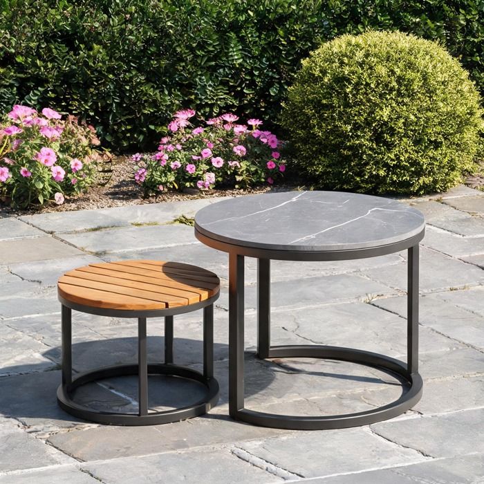 Salon de jardin modulable 6 pièces pour 5 à 6 personnes structure métal et oléfine effet corde gris coussins mousse 8 cm tables