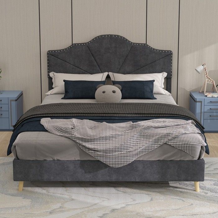 Lit rembourré gris 140x200cm tête de lit confortable cadre structure bois design moderne pour chambre