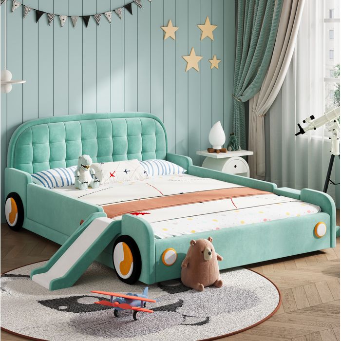 Lit enfant voiture rembourré bleu-vert 140 x 200 cm avec toboggan et escalier