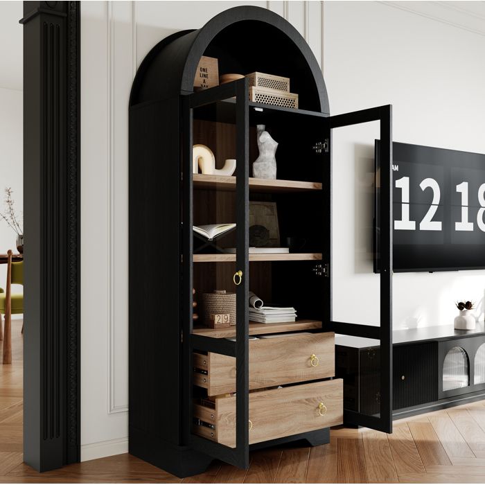 Buffet de cuisine noir AESVAR avec portes vitrées 2 tiroirs et étagères réglables 76 2 x 40 1 x 180 cm