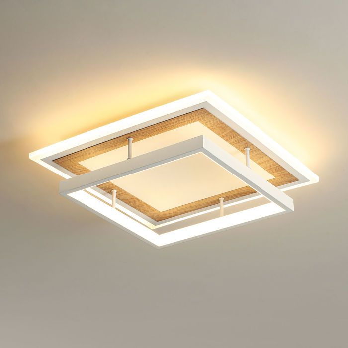 Plafonnier LED carré moderne D30 x H9 cm lampe de plafond 34 W blanc sable et bois 3000 K salon chambre cuisine