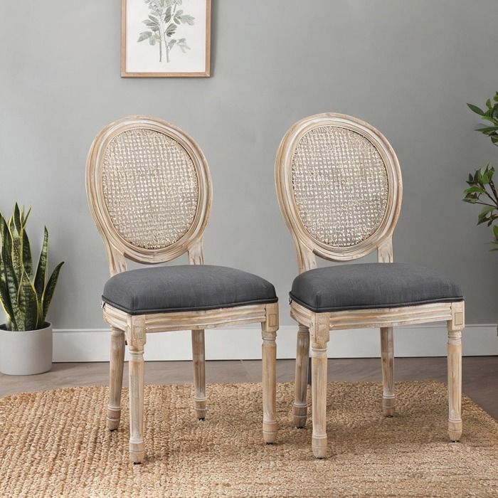 Chaise médaillon style Louis XVI lot de 2 - Bois massif sculpté patiné gris - Gris Tissu polyester au toucher lin 49 x 56 x