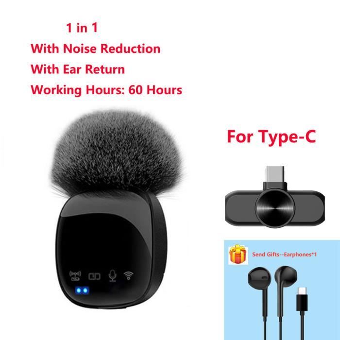 Micro-cravate Sans Fil Mini Type C/iPhone/Android - Micro Lavalier Professionnel - Noir - Neuf