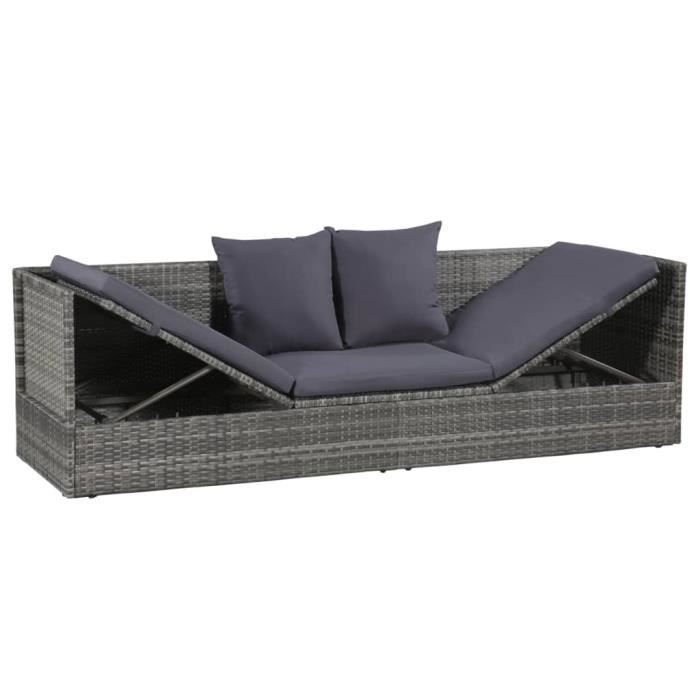 Lit de jardin - AKOZON - 200x60 cm - Résine tressée - Gris - 2 personnes