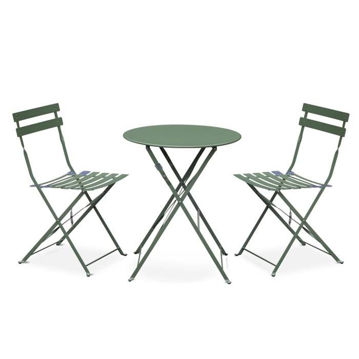 Ensemble table et chaises pliantes de jardin bistrot Emilia rond vert de gris en acier thermolaqué