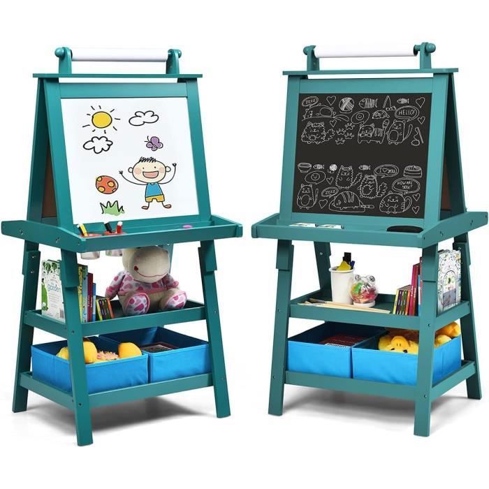 2 Niveaux de Réglage en Hauteur Chevalet Enfant 3 Ans+-Ardoise Double Face- Tableau Blanc Tableau à Craie Coloré Plateau de Rangement Pivotant à 360° avec 23 Accessoires COSTWAY Tableau Enfant