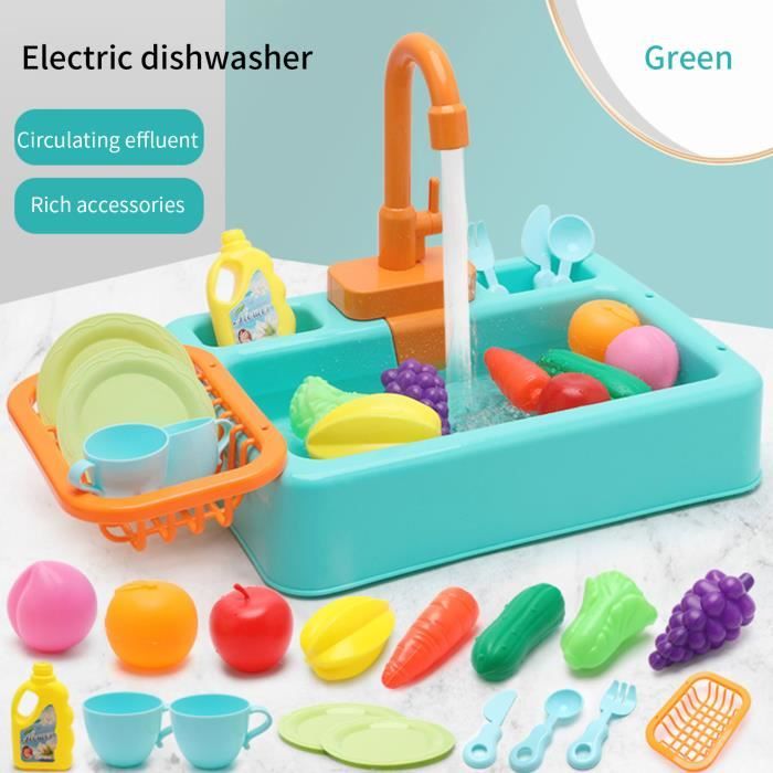 Évier De Cuisine Jouet 3-en-1 Avec Circuit D’eau, Pêche Et Vaisselle – Cadeau Pour Enfants De 3 à 8 Ans